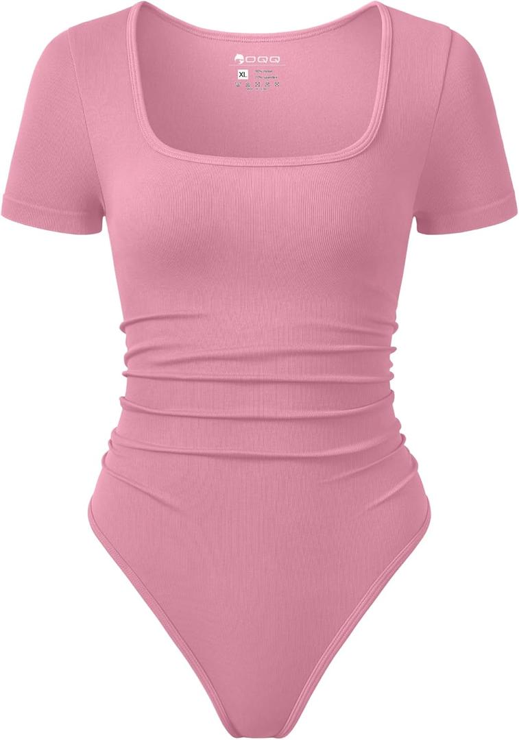 OQQ Women Bodysuits Ruched Waist Short Sleeve Travel Bodysuits, XL