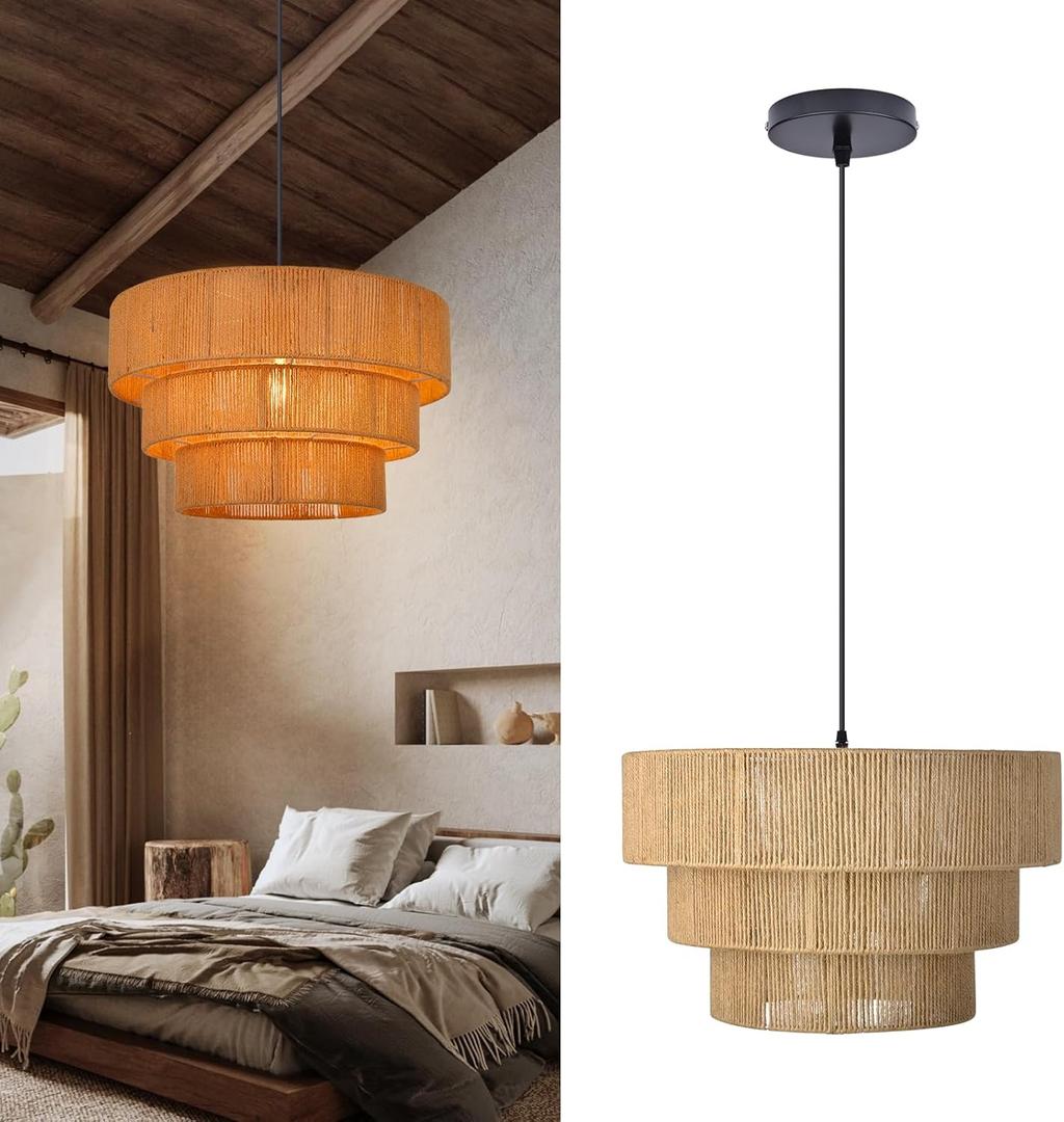 Arturesthome Woven Pendant Light,Rattan Chandelier Vintage Farmhouse Chandelier for Kitchen Dining Table Room Hallway 15.7* 10.6