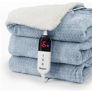 blunique Heated Blanket Electric Throw Waffle, 50x60 Inches Sherpa Fleece Fast Heating Blanket 6 Heating Levels & 4 Hours Auto Off ETL Certification,Haze Blue Throw