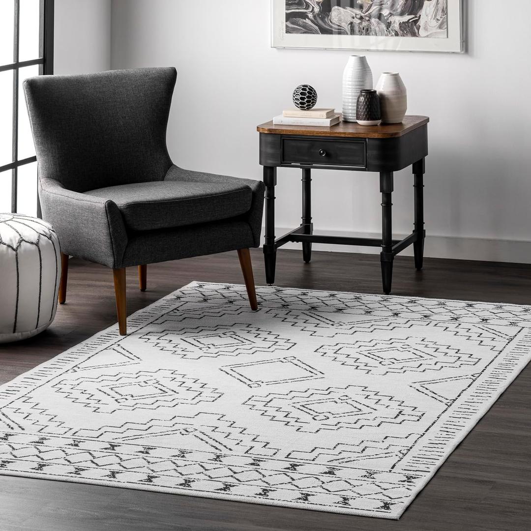 nuLOOM 3' x 5' SpinClean Machine Washable Stain-Resistant Area Rug with Non Slip Backing, Low Profile for Living Room, Bedroom, and Dining Room, Noa White