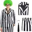 Utaomld Black and White Vertical Striped Suit 4Pcs with Jacket Pants Tie Wig Men Women Halloween Costume Cosplay Outfit (XX-Large)