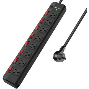 8 Outlet Heavy Duty Power Strip with 8 Individual Switches,Moutable Metal Power Strip Surge Protector 1200 Joules,6FT 14AWG Extension Cord,15A 1800W 125V 60Hz (Black)