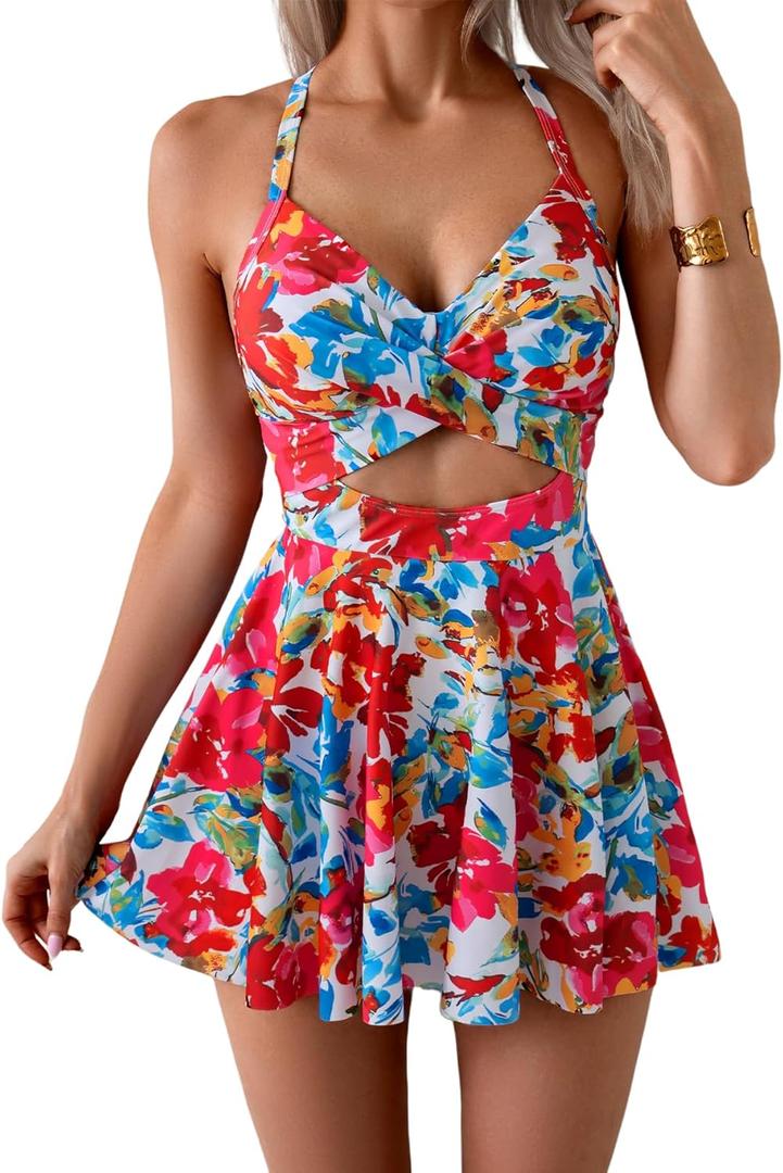 B2prity Women Cutout One Piece Skirt Swimsuit V Neck Wrap Tie Back Swimdress Tummy Control Bathing Suits Slimming Swimwear L