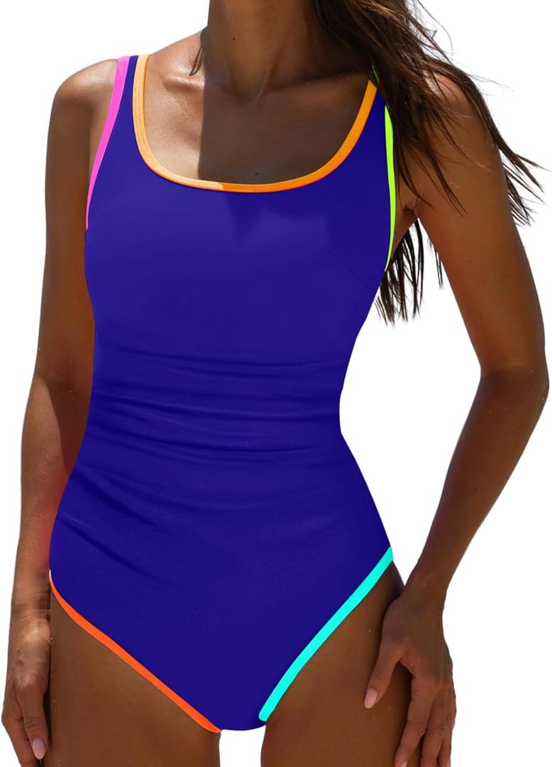 popvil Women's One Piece Swimsuits 2025 Tummy Control -Slimming Bathing Suit Neon 1 Piece Beach Outfit Sexy Sport Swim Suits (Medium, Royal Blue)