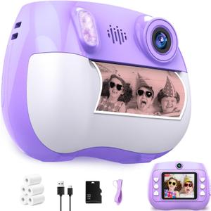Instant Print Camera for Kids Christmas Birthday Gifts for Girls Boys HD Kids Digital Video Cameras for Toddler, Portable Toy for 3 4 5 6 7 8 9 10 11 12 Year Old with 32GB & 250 Print Paper, Purple