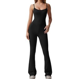 QINSEN Flare Jumpsuits for Women Spaghetti Straps Scoop Neck Bodycon Full Length Casual Unitard Playsuit M