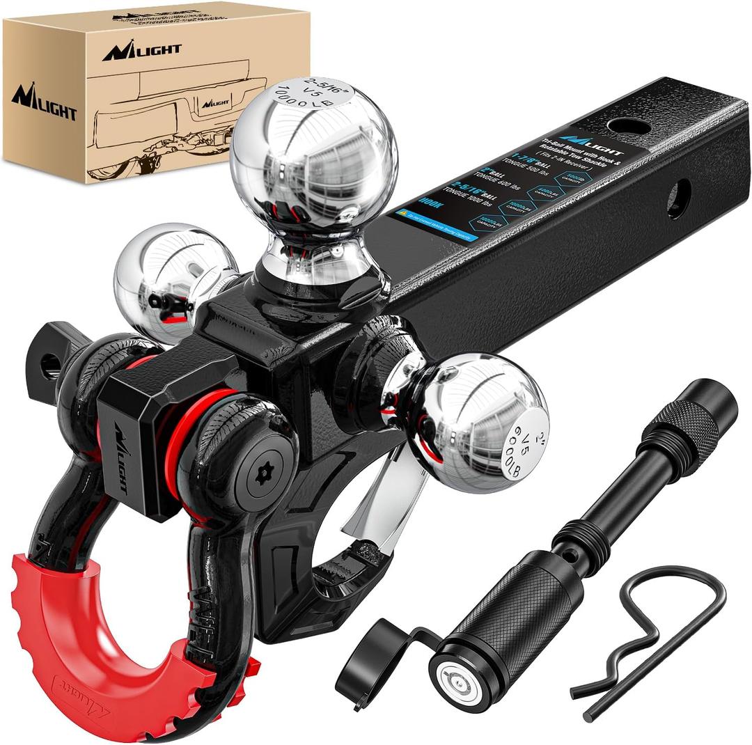 Nilight Trailer Hitch Tri-Ball Mount with Hook and Rotatable Tow Anti-Theft 3/4” Shackle Fits for 2inch Receiver Ball Size 1-7/8” 2” 2-5/16” GTW from 5000lbs to 10000lbs for RV SUV ATV Truck