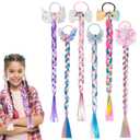 6 Pcs Rainbow Color Braids Hair Extensions - Ponytails & Bows with Rubber Bands - Glitter Braided Wig - Cosplay Hair Accessories for Girls & Women