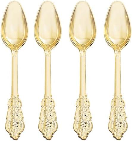WDF 100 Piece Gold Plastic Spoons Disposable - 6.93 Inch Baroque Gold Spoons Plastic Silverware for Dessert Cake - Heavy Duty Plastic Spoons for Thanksgiving Party, Wedding or Daily Using