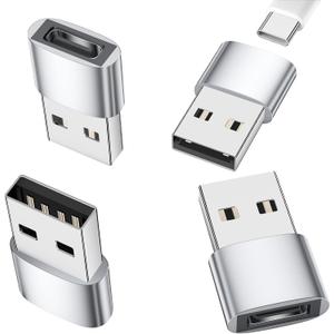 for CarPlay/Car Charger Adapter for iPhone 17 16 15 Pro Plus Cable, USB to USB C Adapter USB2.0 OTG Connector for Samsung Galaxy S25 S24 S23 S22 S21 S20, Pixel 10 9 8 7 6 Pro, Sliver, 4-Pack