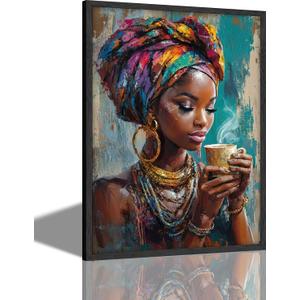 Framed Black Woman Canvas Wall Art, African American Wall Decor, Fashion Modern Abstract Painting Picture, Coffee Girl Poster Print Artwork for Living Room Bedroom Home Decoration