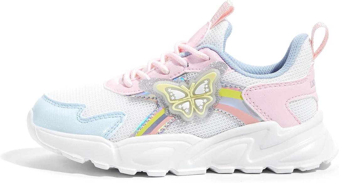 LUCKY STEP Girls Kid's Butterfly Running Sneaker Tennis Sparkle Mesh Athletic School Gym Lace-up Walking Shoes, Size 13 Kid