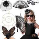 Jenaai 8 Pcs Girls Tea Party Fascinators Gloves Hats Necklace Fans Tea Party Gloves Hats for Girls Costume Accessories (Black)