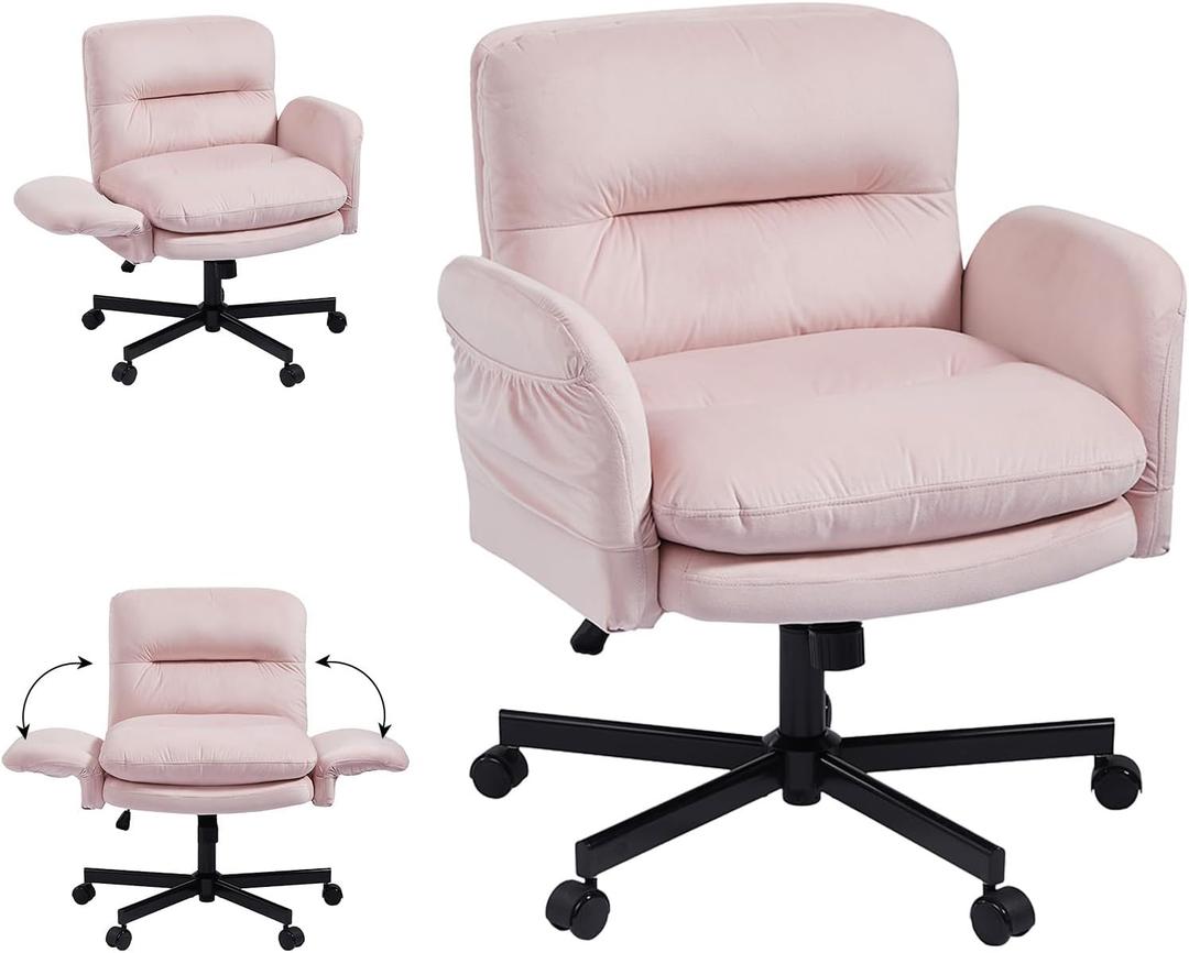 Bestier Criss Cross Chair with Flip-Up Armrests, Swivel Makeup Vanity Chair with Wheels & Side Pockets, Cross Legged Office Chair for Home Office, Bedroom, Pink Velvet