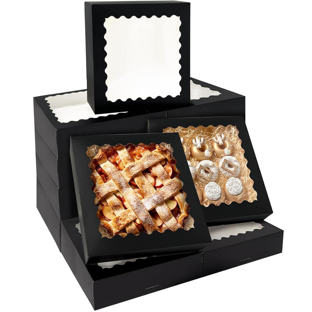 Bakepacker 20pcs Black Pie Boxes 12x12x3 inches Easy Assemble Macaroon Cookie Boxes Bakery Boxes with Window for Bakery (Auto-pop Up)