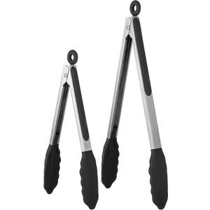 600F Heat Resistant Kitchen Tongs: U-Taste 9+12 inch Silicone Cooking Tong Set with Firm Sealed Non Stick Rubber Tips and Silicon Coated 18/8 Stainless Steel Handle for Serving Grilling Salad (Black)
