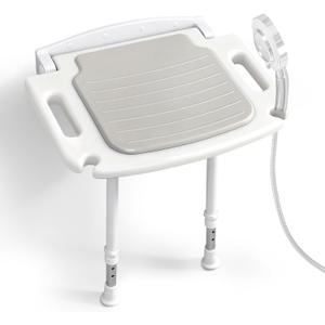 Wall Mounted Shower Seat with Arms, 2mm Thick Aluminum Frame Supports 550lbs, Folding Shower Chair with Memory Foam Cushion, 8 Adjustable Heights, Fold Down Bathroom Bench for Seniors & Disabled