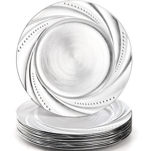 ZENFUN 12 Pack Plastic Silver Charger Plate, 13" Round Chargers Plate Decorative Dinner Chargers, Embossed Charger sServing Plates for Wedding, Catering Event, Tabletop Decor