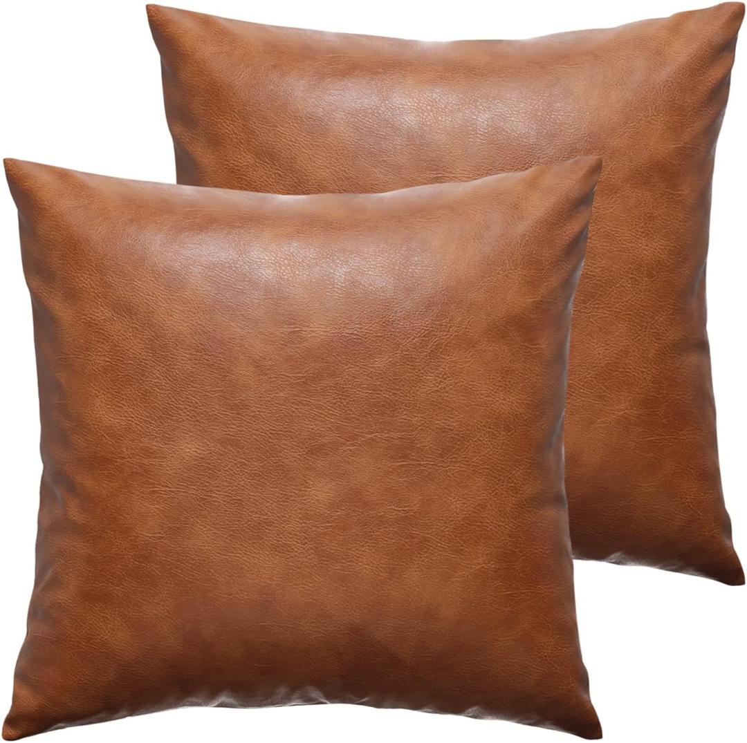 Faux Leather Throw Pillow Covers 18X18 Inch Set of 2 Brown Outdoor Modern Farmhouse Solid Decorative Pillow Covers for Room Couch Living Bedroom Bed Sofa (18" x 18" (Pack of 2))