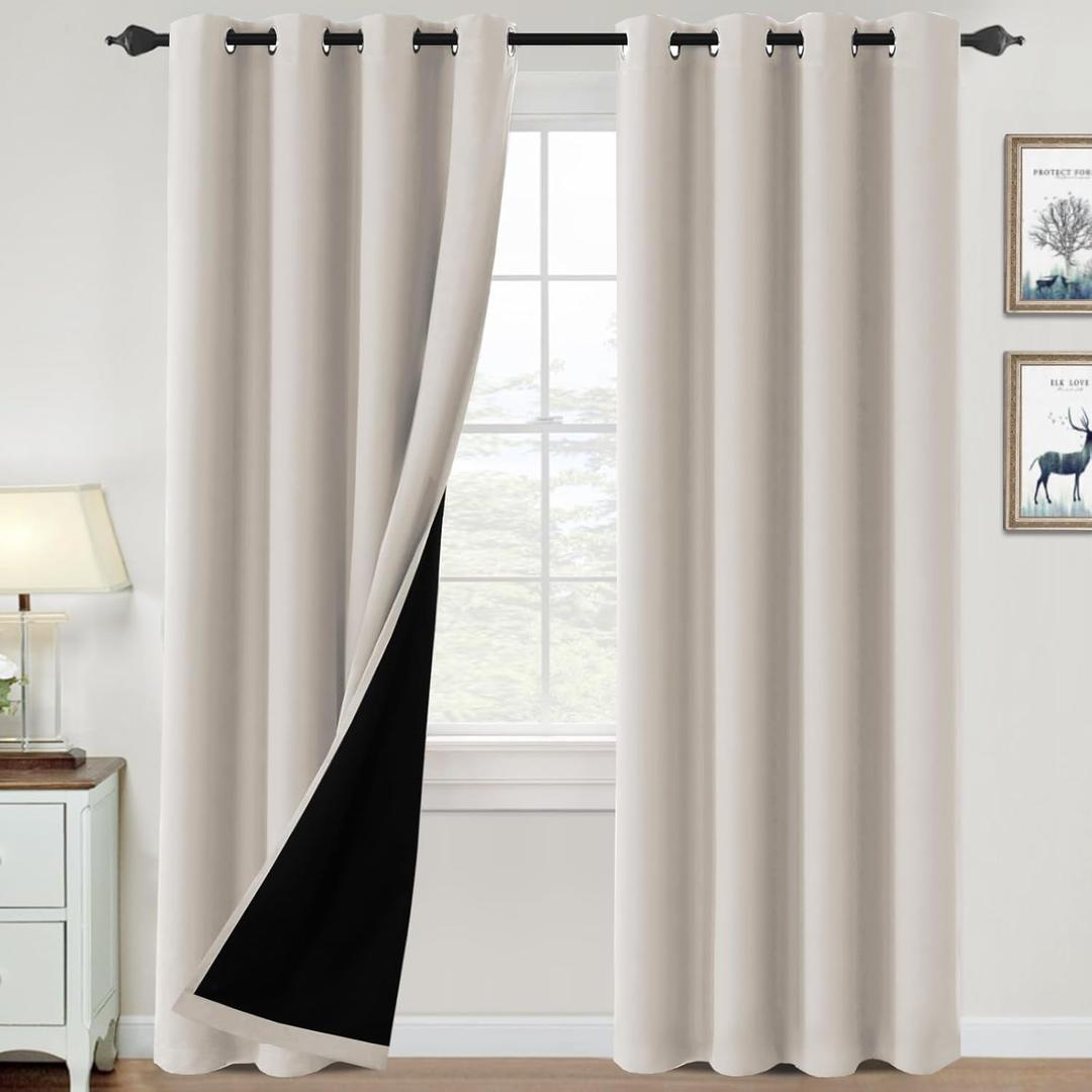 H.VERSAILTEX 100% Blackout Curtains for Bedroom Thermal Insulated Blackout Curtains 96 inch Length Heat and Full Light Blocking Curtains for Living Room with Black Liner 2 Panels Set, Fog