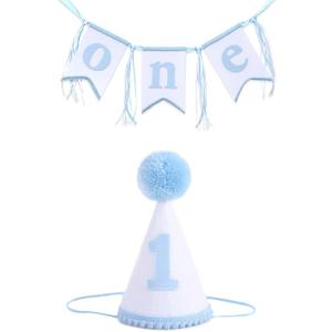 Boys 1st Birthday Hat and Highchair Banner - Blue and Grey Party Decoration (BAI LAN TAO CAN)