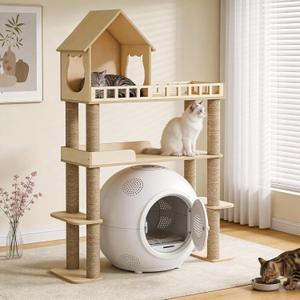 Wood Cat Tree for Automatic Litter Box, 60.2 Inch Tall Modern Cat Tree Tower with Litter Box Enclosure, Multi-Level Wooden Cats Tower Furniture with Scratching Posts, Condo House for Indoor Cats C3
