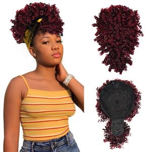 Afro Puff Drawstring Ponytail with Bangs, Black to Burgundy Kinky Curly Ponytail Bun with Bangs Updo Hairpieces, Short Afro Puffs with Bang for Black Women (Black to Burgundy 1BTBug)