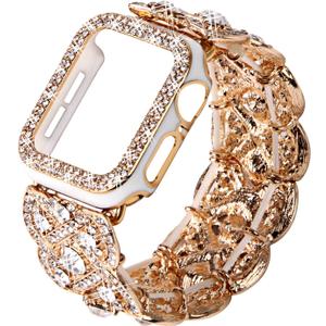 Bling Band with Case Compatible with Apple Watch Band 38mm 40mm 41mm 42mm 44mm 45mm for Women, Luxury Dressy Metal Strap with Diamond Rhinestone Bracelet Wristband for iWatch SE Series 7 6 5 4 3 2 1 (Gold)