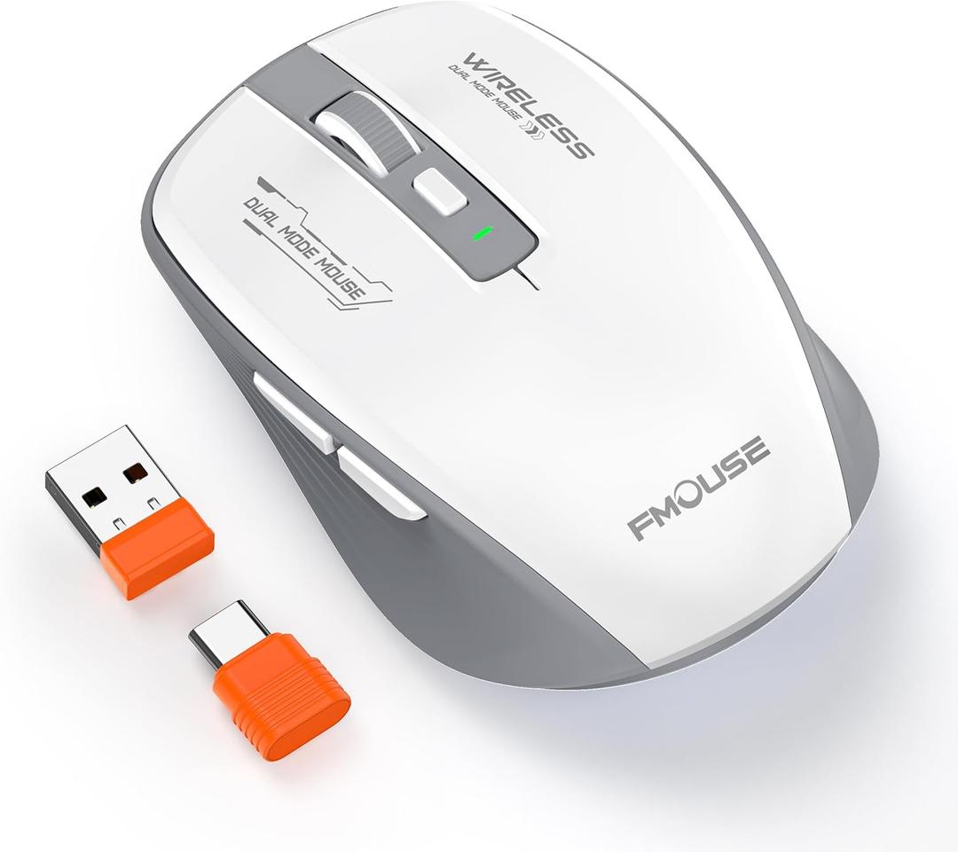 Wireless Bluetooth Mouse, Tri-Mode with Bluetooth 5.1 and Dual 2.4G Dongles (USB-A/USB-C), Silent Click, Side Buttons, 4 DPI (800-2400), Portable for Laptop, Mac, iPad, Desktop(Gray White)