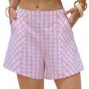 EXLURA Womens Cotton Boxer Shorts Faux Linen Gingham Shorts Summer High Waist Plaid Y2K Beach Bottoms Vacation Outfits 2026 (Pink, L)
