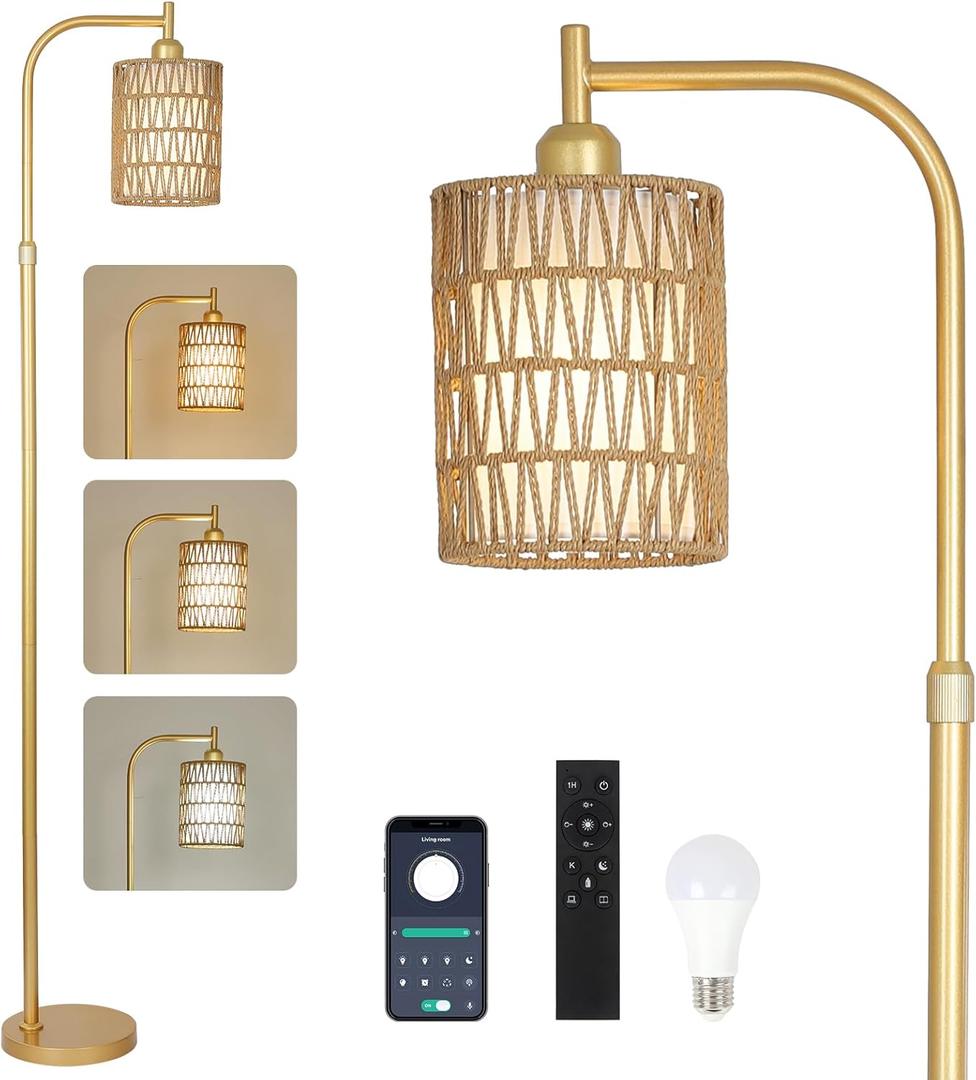 LAMSU Modern Gold Floor Lamps for Living Room, Boho Rattan Floor Lamp with Remote & Dimmable LED Bulb, Farmhouse Standing Lamp with Rattan Shades, Minimalist Tall Pole Lamp for Bedroom Office