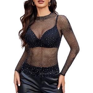 Avidlove Women's Sexy Fishnet Mesh Long Sleeve Tops Mock Neck Sheer Lace See-Through Blouse Bodycon Clubwear Party Tops