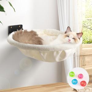 JUNSPOW Cat Hammock Wall Mounted, Foldable & Stable Cat Beds- Breathable Cats Wall Shelves for Sleeping, Playing, Climbing, and Lounging - Maximum Hold Up to 30lbCream,Faux Rabbit Fur
