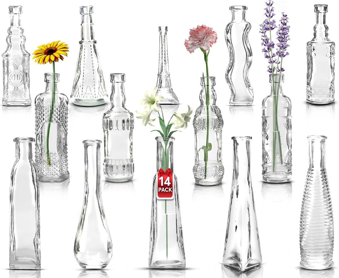 Small Vintage Glass Bottles with Corks, Mini Vases, Decorative Glass Bottle, Potion Bottles, Assorted Design - Set of 14 Assorted Design 5oz 6.5-7 inch Tall 1.8-2.inch Wide.