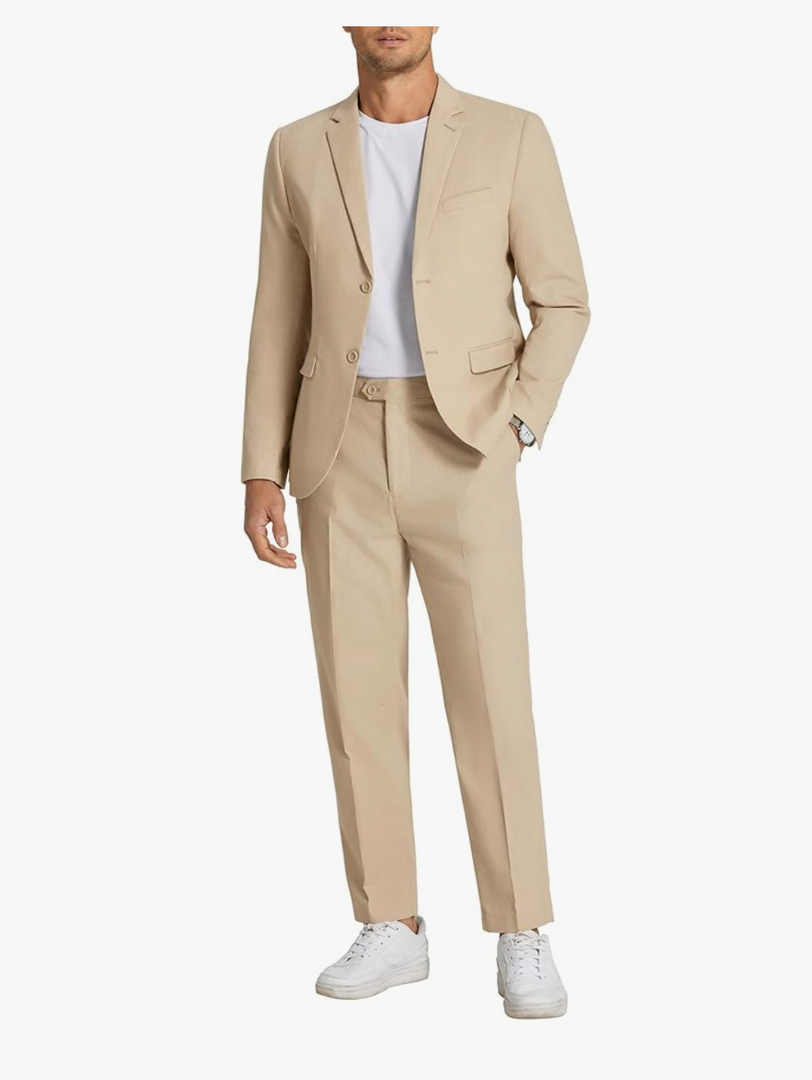 Men's 2 Piece Linen Suits Set Regular Fit Casual Linen Lightweight Suit Summer Beach Wedding, Size XL