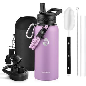 RAYMYLO Insulated Water Bottle 32 oz, Triple Wall Vacuum Stainless Steel (Cold for 24Hrs, Hot for 12Hrs), Leak Proof & Non-BPA, Modern Water Flask Jug with Paracord Handle & Straw Spout Lids (Light Purple)