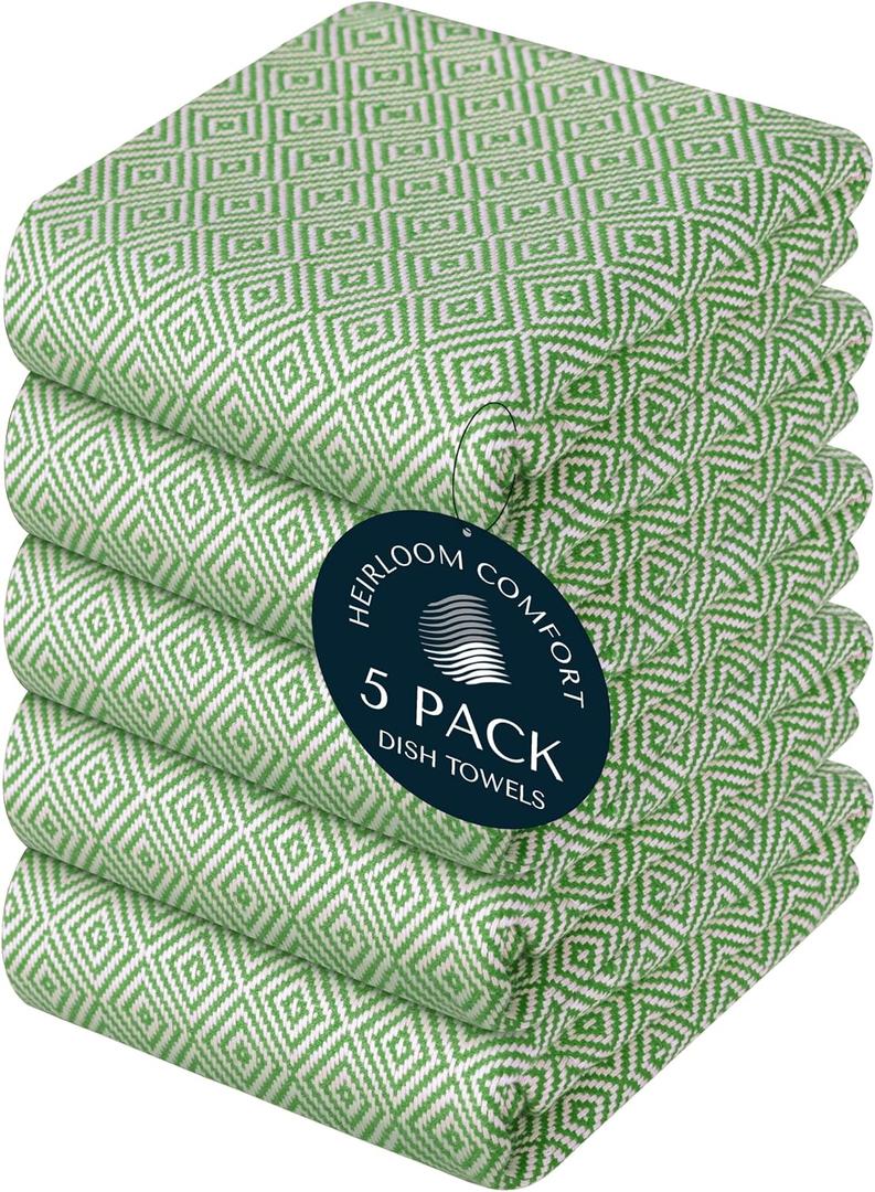 Mint Green Dish Towels, 5 Pack, 100% Cotton, Reusable, Super Absorbent and Quick Dry, Diamond Weave Kitchen Towel Set, Durable Wash Cloths for Kitchen Use, Cleaning & Drying Dishes