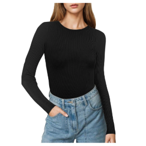 Buauty Women's Long Sleeve Crewneck Sweater 2025 Fall Ribbed Knit Fitted Shirts Slim Solid Pullovers Basic Casual Tee Tops, Size Large