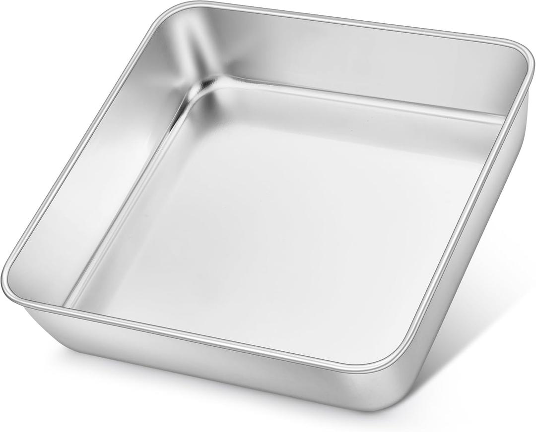 E-far 8x8 Inch Square Cake Pan, Stainless Steel Baking Pan for Lasagna Brownies Casseroles, Silver Square Bakeware for Oven Cooking, Non-Toxic & Rust Free, Dishwasher Safe, 2 Inch deep