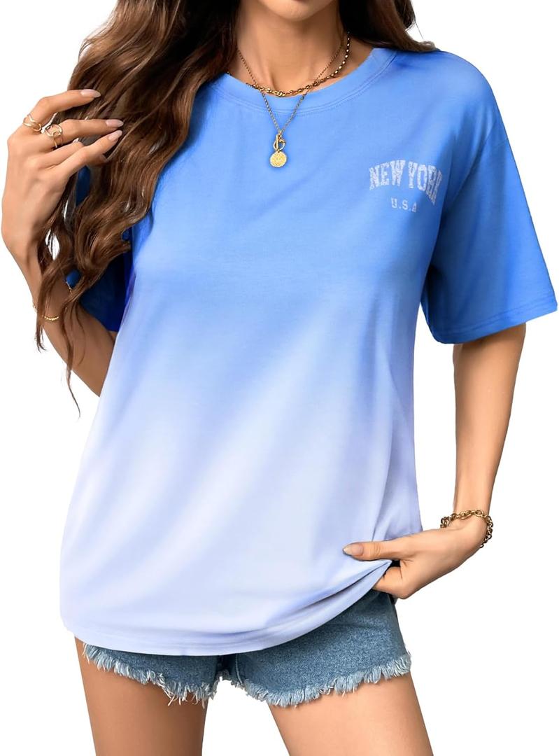 LilyCoco Women's Crew Neck T Shirts Summer Cute Basic Ombre Short Sleeve Tops Blue Large (Blue, L)