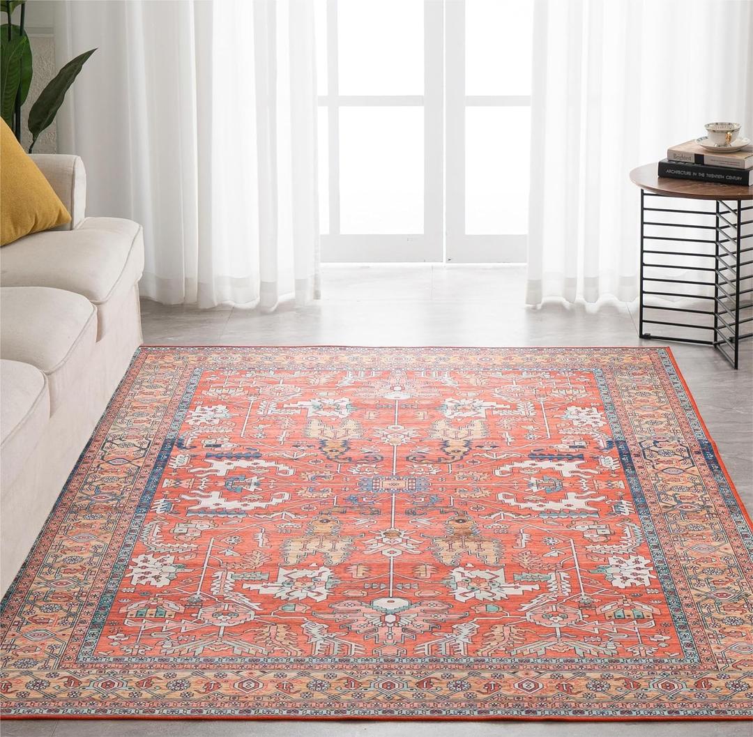 Syalife 5x7 Area Rugs - Washable, Low Pile, Non-Slip for Living Room, Bedroom, Dining Room and Home Office - Non-Shedding Carpet, Coral Red