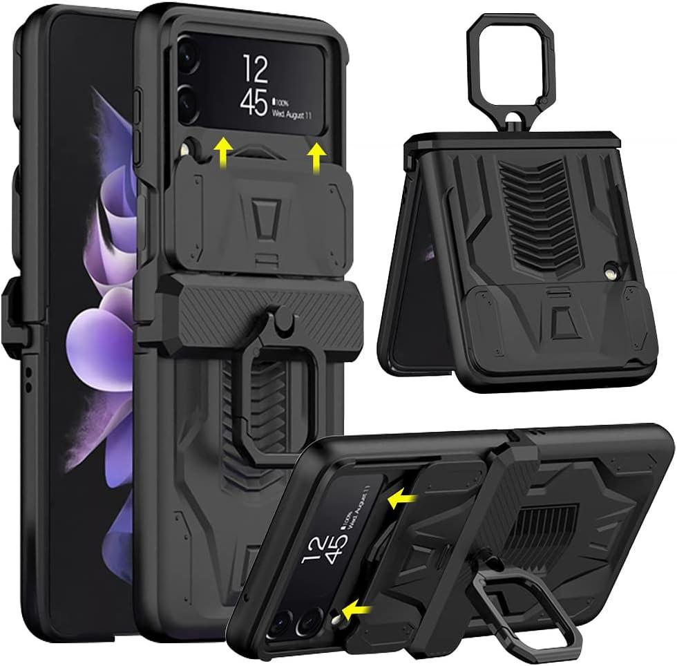 DOOTOO for Samsung Galaxy Z Flip 4 Case with Ring Holder, Magnetic Hinge Protection, Slideway Lens Camera All-Inclusive Cover for Samsung Galaxy Z Flip 4 5G 2022 (Black)