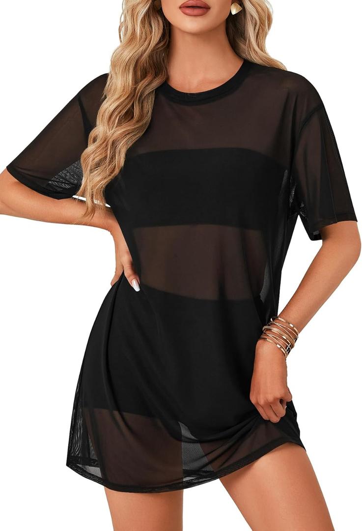 LYANER Women's Sheer Mesh Short Sleeve Cover Ups Round Neck See Through Sexy Blouse Shirt Top Solid Black, X-Large