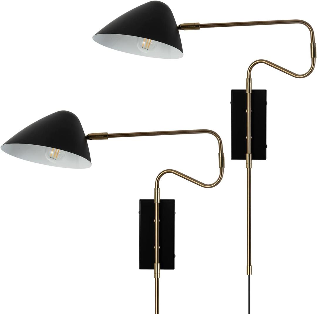 Modern Plug in Wall Sconces Set of 2, Black Swing Arm Wall Lights with ON/Off Switch Cord for Bedroom Living Room