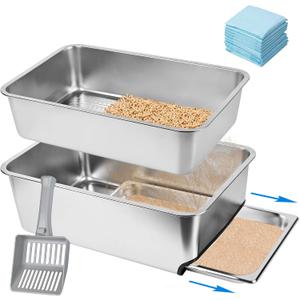 23.5" x 15.7" x 8" Stainless Steel Sifting Litter Box for Pine Pellets, XXL Large Pull-Out Cat Litter Box for Big Cats with High Sides, Metal Cat Litter Pan with Plastic Scoop &10 Urine Pads