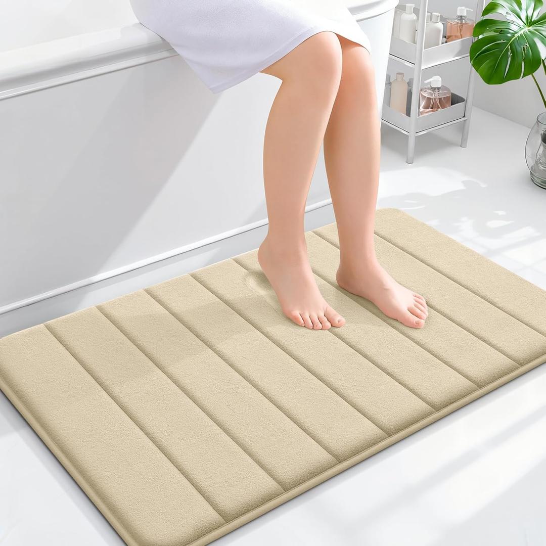 OLANLY Memory Foam Bath Mat 36x24, Super Soft Absorbent Bathroom Rugs, Quick Dry, Machine Washable Shower Floor Rugs, Bathmat Carpet, Bathroom Home Decor Accessories, Beige