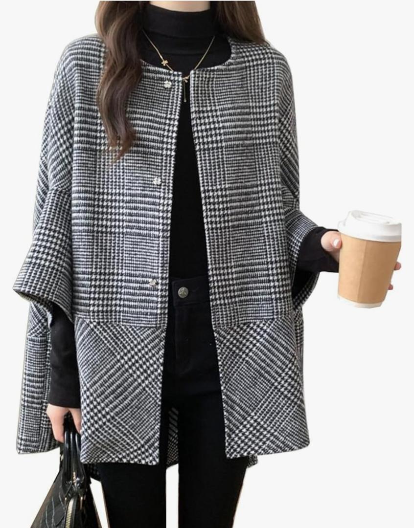 Womens Winter Cape Coat Collarless Tweed Poncho Plaid Print Single Breasted 3/4 Sleeve Cardigan M/L Womens Winter Cape Coat Collarless Tweed Poncho Plaid Print Single Breasted 3/4 Sleeve Cardigan M/L