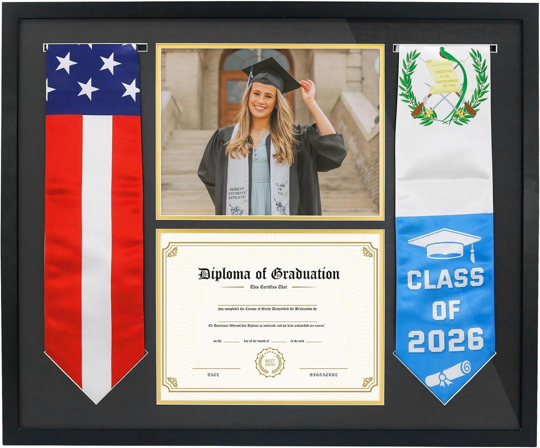 Graduation Shadow Box Frame 26x21.5 Inch, Double-Sided Stole Display with 2 Certificate Holders, 8.5x11 Document Frame with Tempered Glass, Wall Mount Memory Keepsake