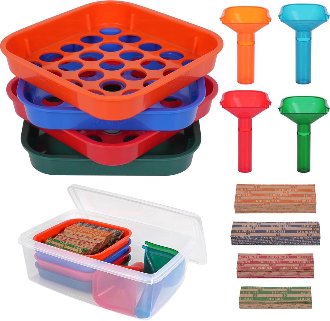 PONNOR Coin Sorter Trays & Coin Counter Tubes, 4 Color Coded Coin Separator Trays and Coin Sorters Tubes Bundle with 100 PCS Coin Wrappers Assorted