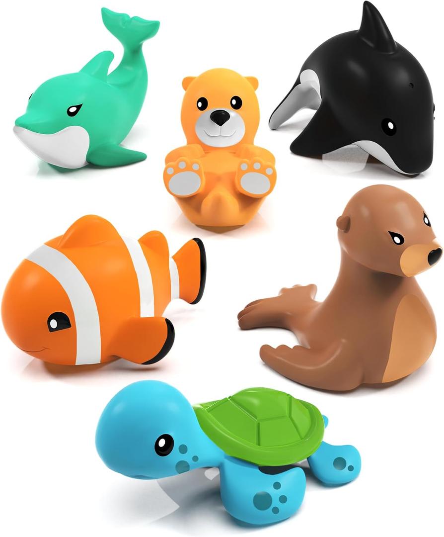 Tub Works Marine Mold Free Bath Toys, 6 Pack | Sealed, No Hole Bath Toys Design Keeps Moisture Out | Soft, Squeezable & Float on Water | Easy-Grip Baby & Toddler Bath Toy Set | Great Baby Pool Toys